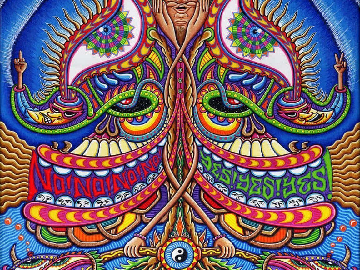 迷幻 桌布 壁紙 — 充滿活力的迷幻藝術作品，中央人物張開雙臂，周圍環繞著旋轉圖案和色彩繽紛的曼陀羅之眼。