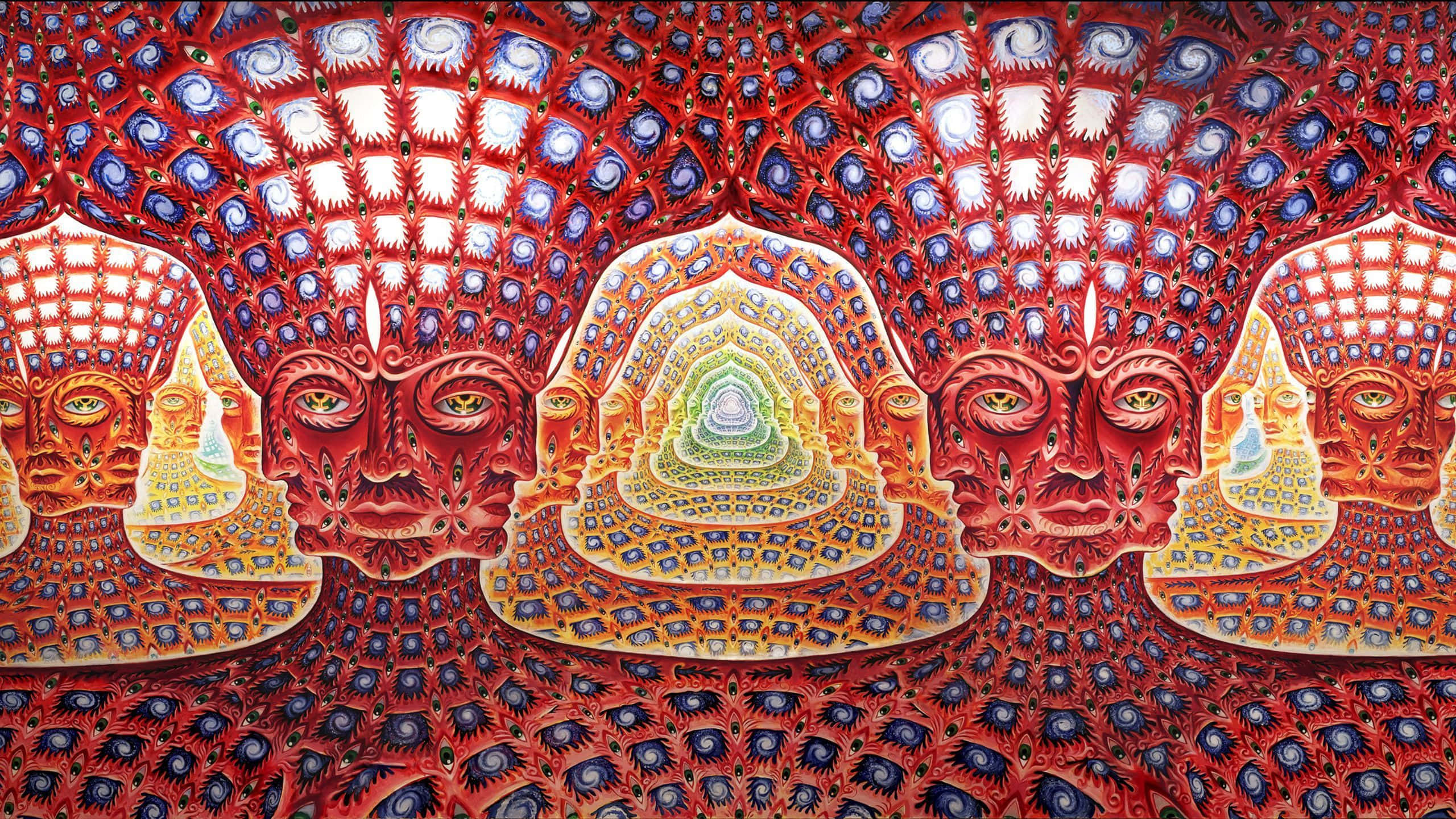 桌布 壁紙 — 充滿活力的迷幻藝術作品，以對稱的紅色面孔、複雜的圖案和中央螺旋曼陀羅為特色。
