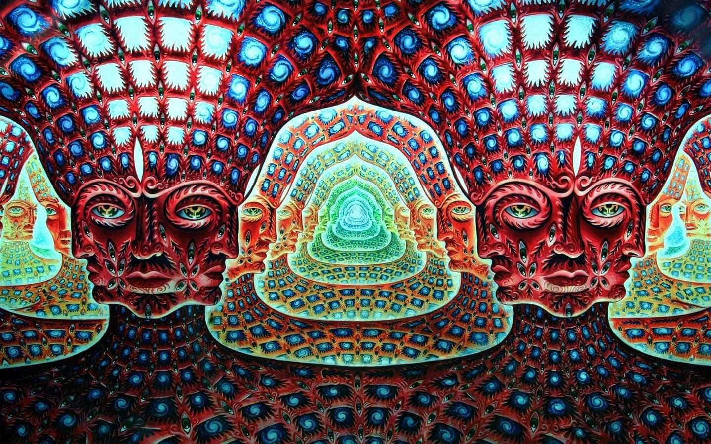 Psychedelic Grunge 桌布 壁紙 — 充滿活力的迷幻藝術作品，以對稱的紅色和藍色面孔為特色，周圍環繞著複雜的圖案，圍繞著一個發光的綠色螺旋隧道。