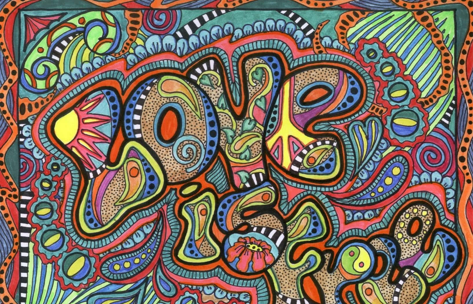 嬉皮 桌布 壁紙 — 充滿活力的迷幻藝術作品，以旋轉圖案和鮮豔色彩構成風格化的「LOVE」字樣。