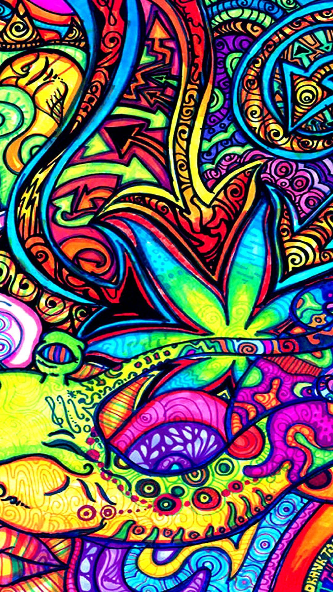 迷幻動圖 桌布 壁紙 — 充滿活力的迷幻藝術作品，以發光的大麻葉為特色，周圍環繞著旋轉的彩色圖案和抽象形狀。