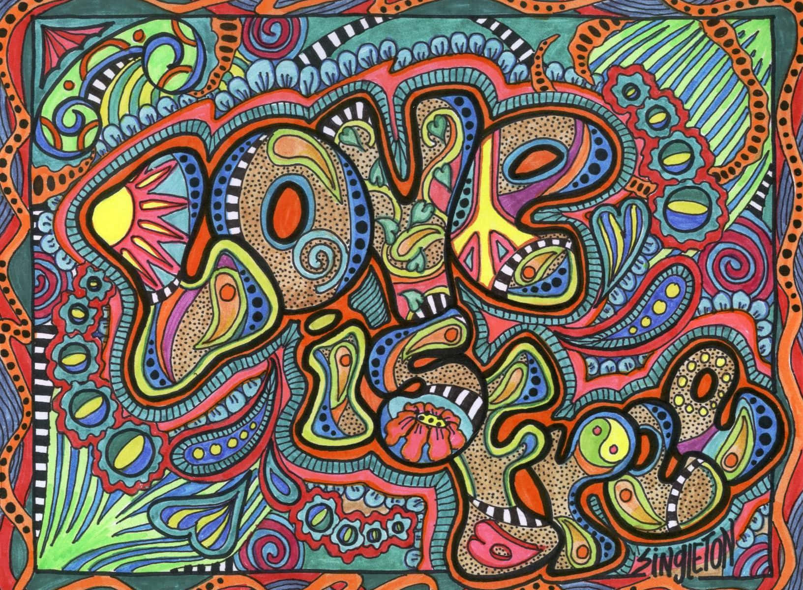 嬉皮 桌布 壁紙 — 充滿活力的迷幻藝術作品，以華麗的漩渦圖案呈現「LOVE」一詞，搭配大膽的輪廓和色彩繽紛的抽象主題。
