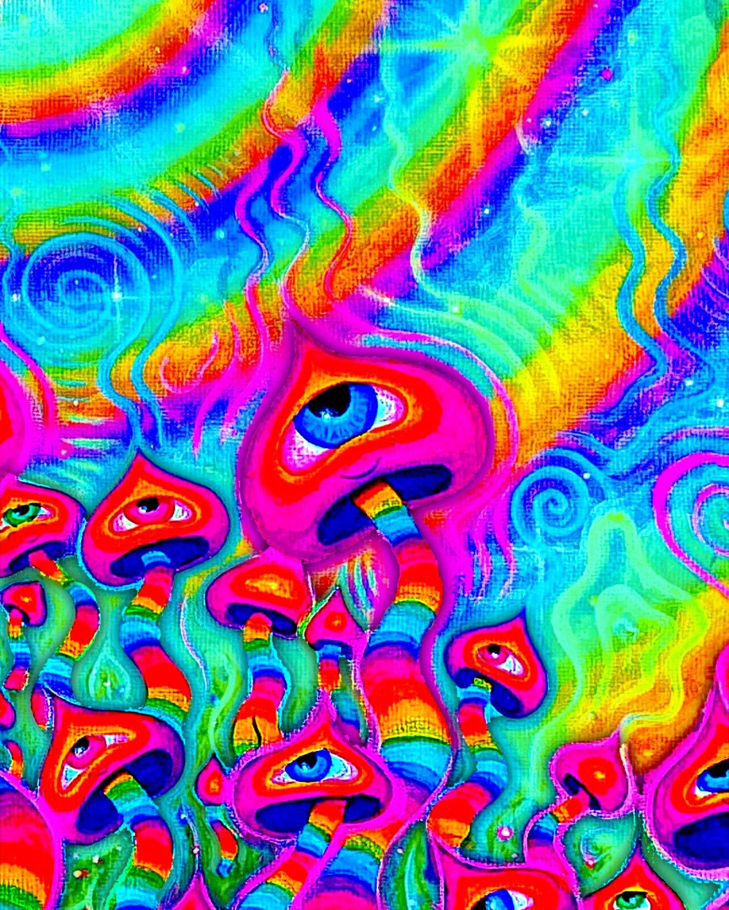 Aesthetic Trippy 桌布 壁紙 — 充滿活力的迷幻藝術作品，具有旋轉的彩虹色彩和帶有嵌入眼睛的蘑菇狀形狀。