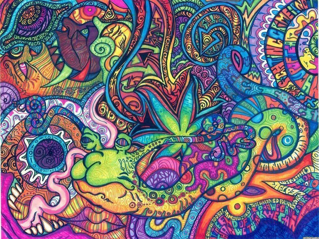Hippie Aesthetic 桌布 壁紙 — 充滿活力的迷幻藝術作品，帶有旋轉圖案和超現實生物，色彩電光四射。