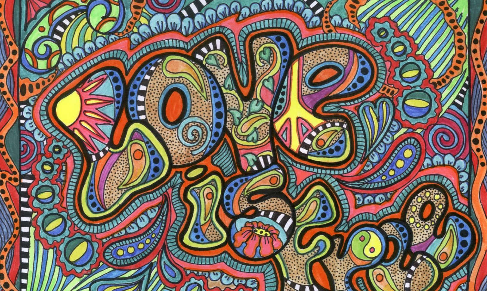 迷幻動圖 桌布 壁紙 — 充滿活力的迷幻藝術作品，帶有漩渦狀有機形狀和彩虹色調的大膽輪廓。