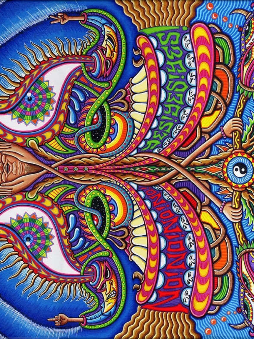 桌布 壁紙 — 充滿活力的迷幻藝術作品，帶有漩渦圖案、眼睛和手，以鮮豔色彩呈現在深藍色背景上。