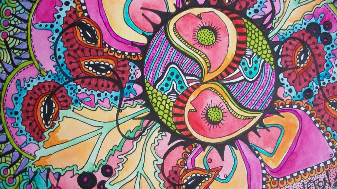 桌布 壁紙 — 充滿活力的迷幻藝術作品，帶有粉紅色、藍綠色和橙色的漩渦狀有機形狀和粗線條。