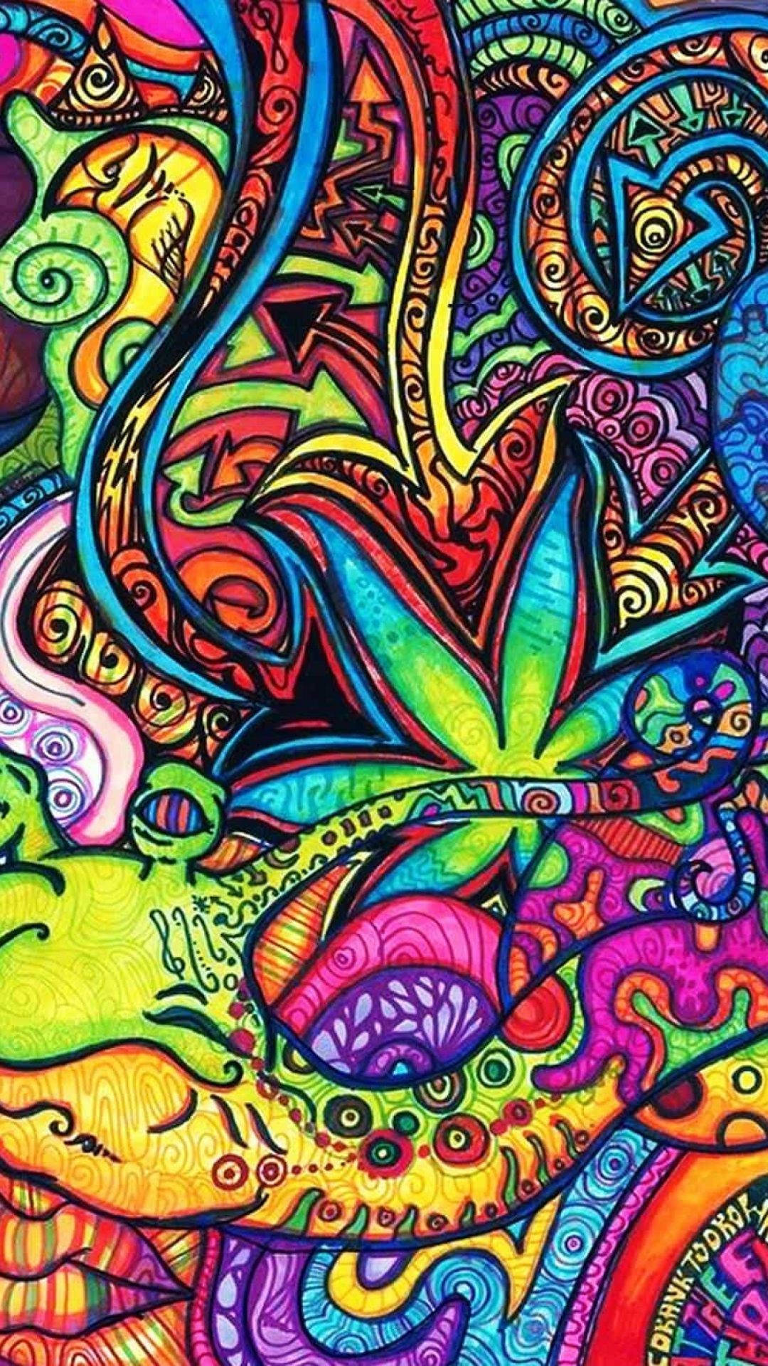 嬉皮 桌布 壁紙 — 充滿活力的迷幻藝術品，充滿旋轉圖案和霓虹色彩，形成抽象的有機形狀。