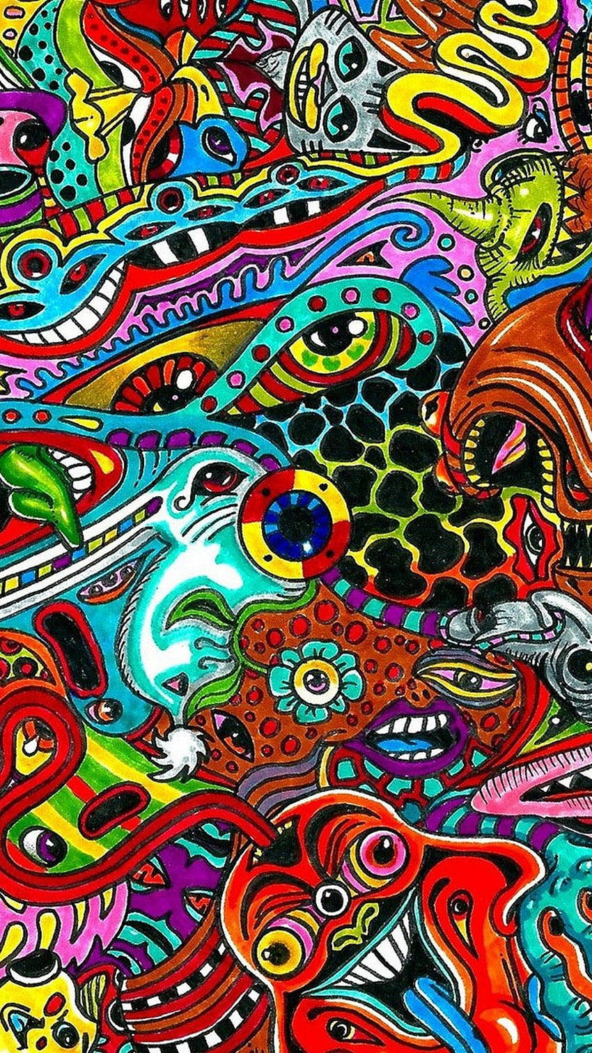  壁紙 — 充滿活力的迷幻藝術品，在混亂的抽象圖案中迸發出色彩繽紛的超現實面孔、眼睛和嘴巴。