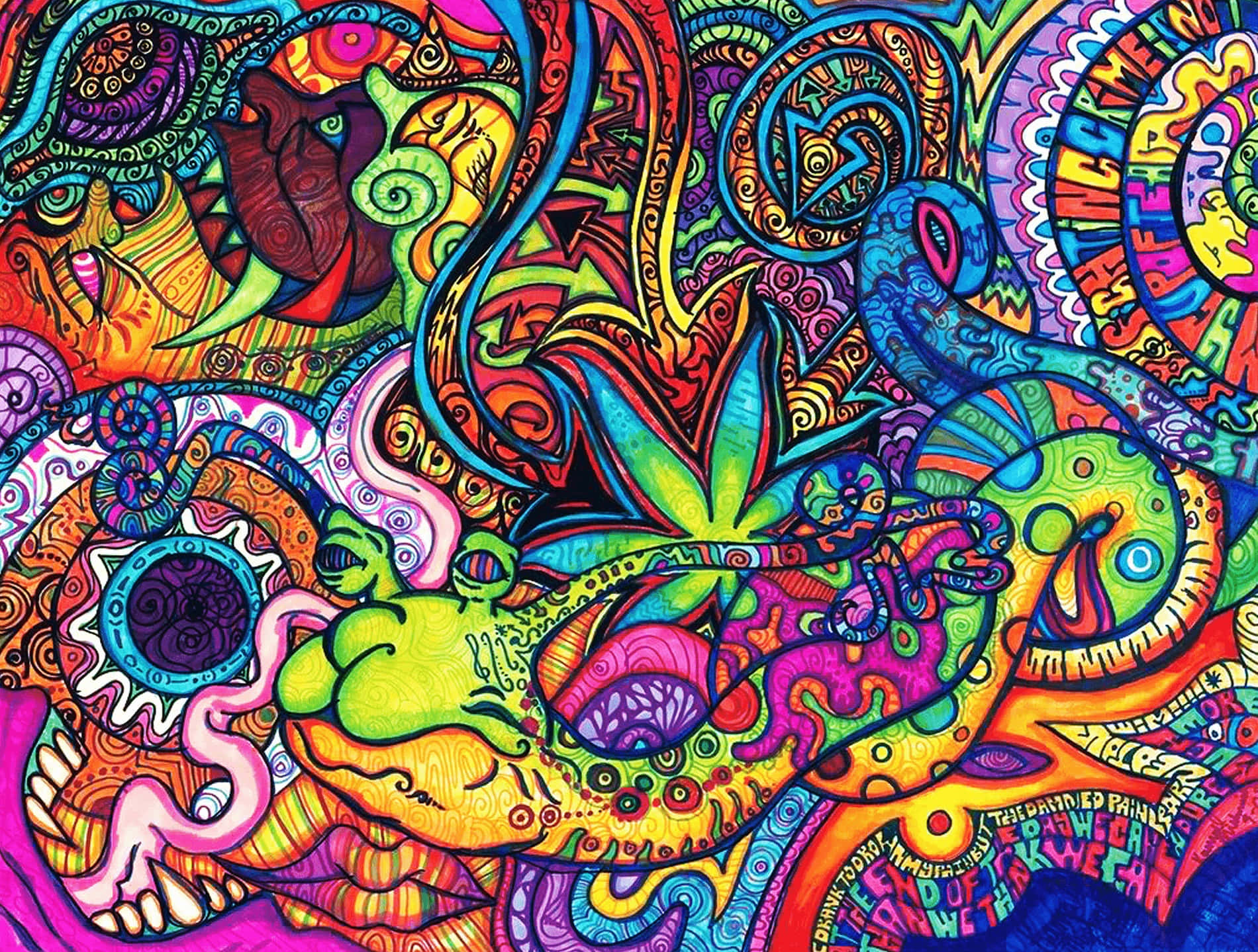 Tripping 桌布 壁紙 — 充滿活力的迷幻藝術品，帶有旋轉圖案和電光色彩的 surreal 生物。