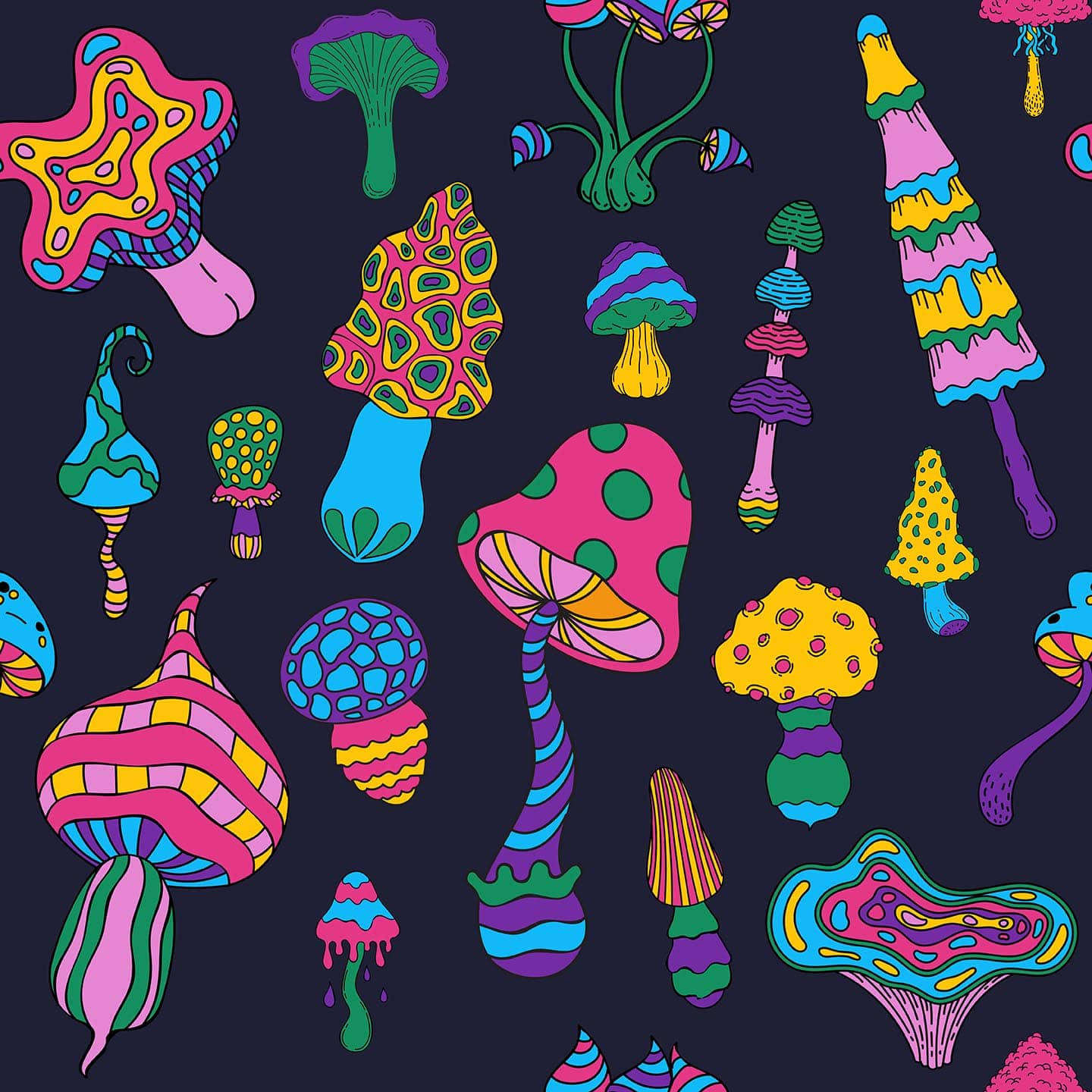 Psychedelic Mushroom 桌布 壁紙 — 充滿活力的迷幻蘑菇，帶有漩渦圖案和大膽色彩，在深色背景上漂浮。