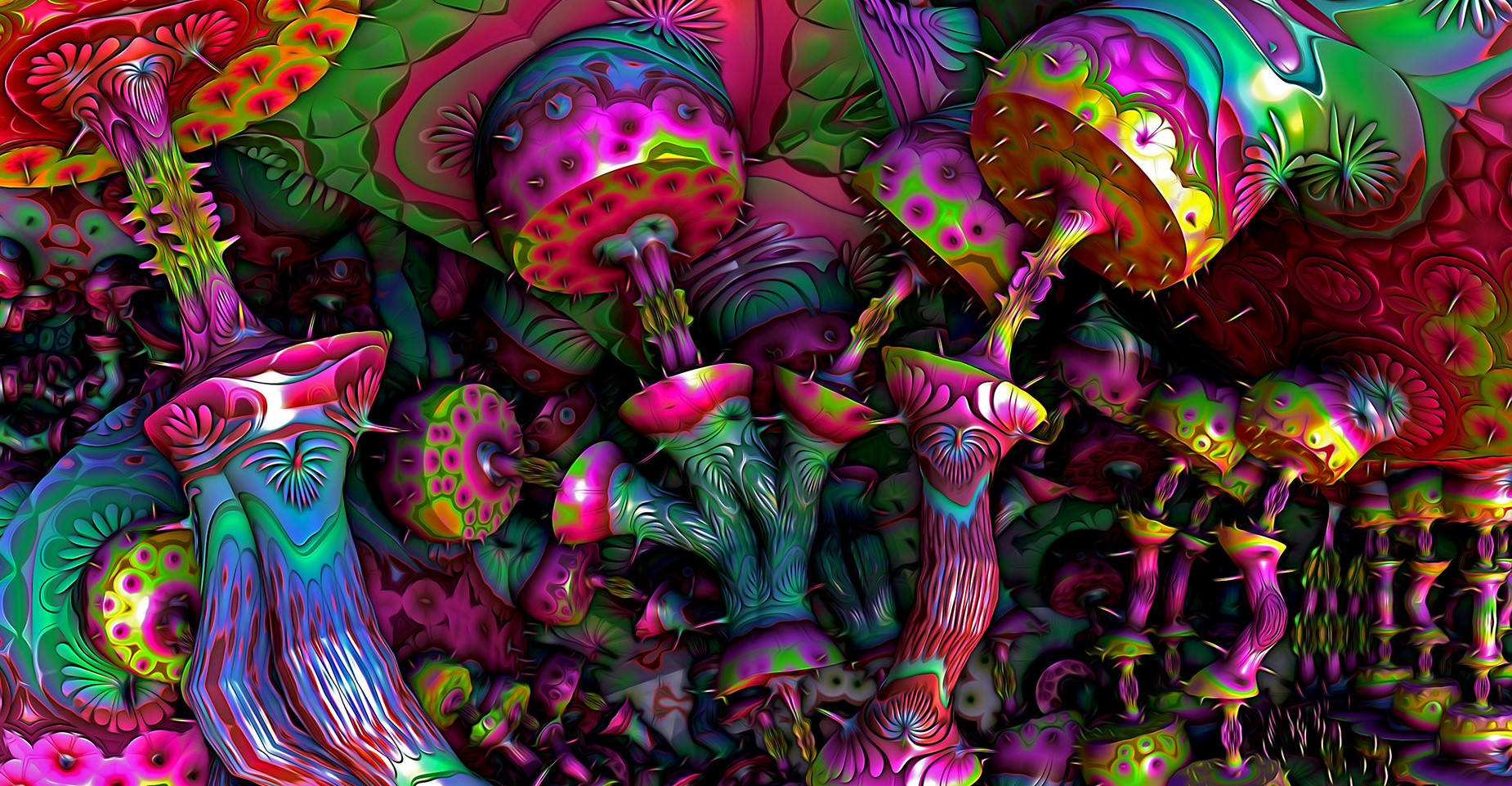 Psychedelic Mushroom 桌布 壁紙 — 充滿活力的迷幻蘑菇，帶有發光圖案和尖刺菌蓋，在超現實的數位森林中。