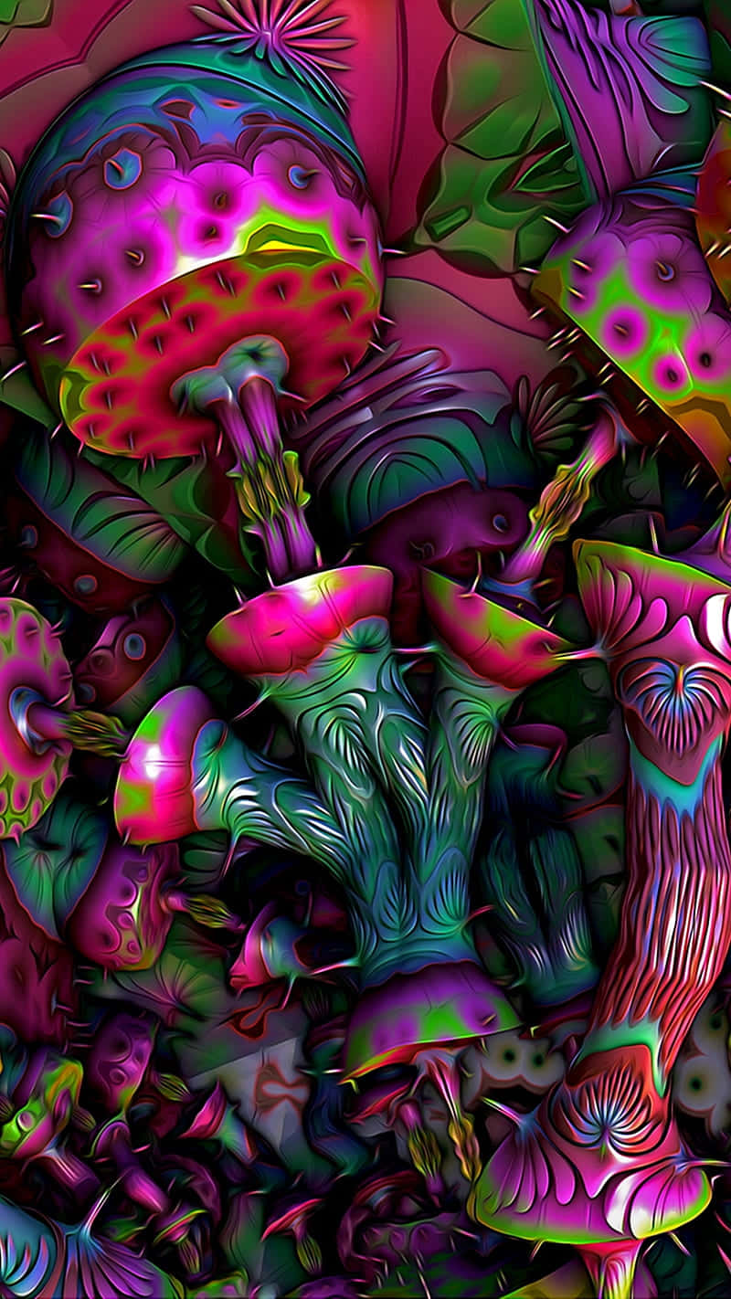 Trippy Mushroom 桌布 壁紙 — 充滿活力的迷幻蘑菇，帶有發光的粉紅色、綠色和紫色菌蓋和菌柄，在超現實的數位森林中。
