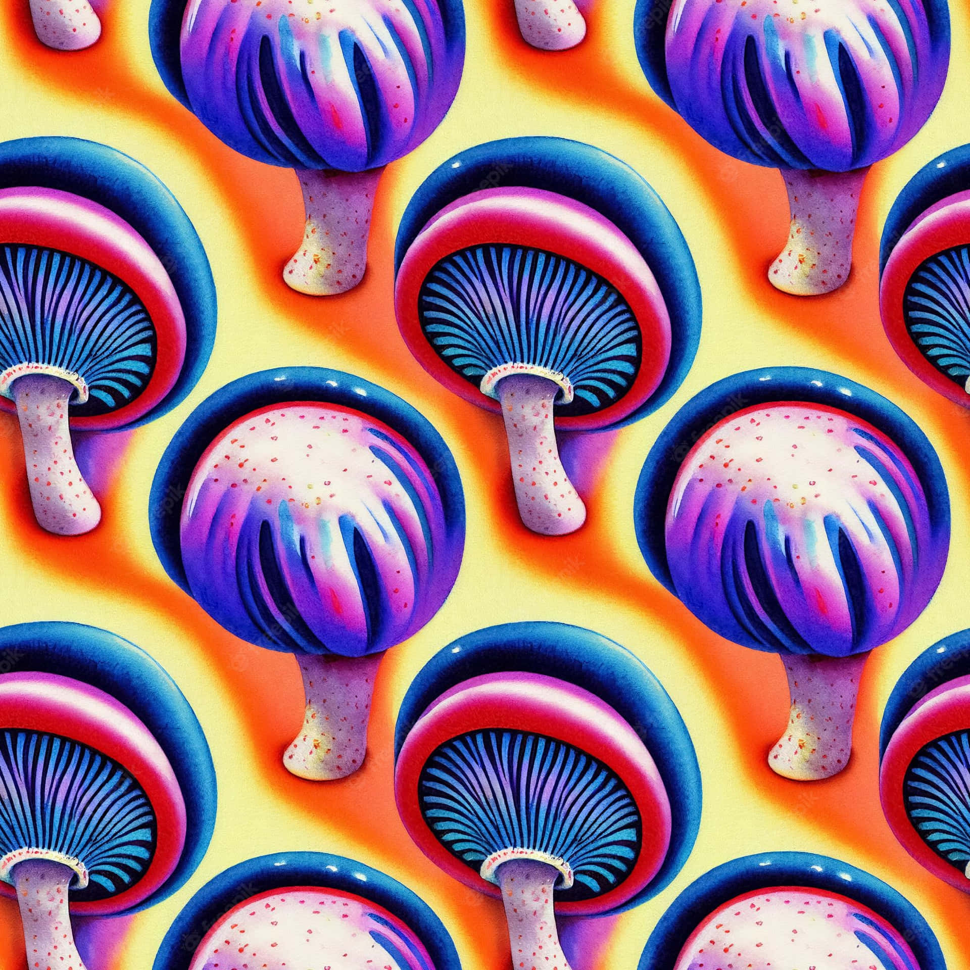 Trippy Mushroom 桌布 壁紙 — 充滿活力的迷幻蘑菇，帶有紫藍色菌蓋和粉紅色斑點，在發光的橙黃色漸變背景上重複出現。