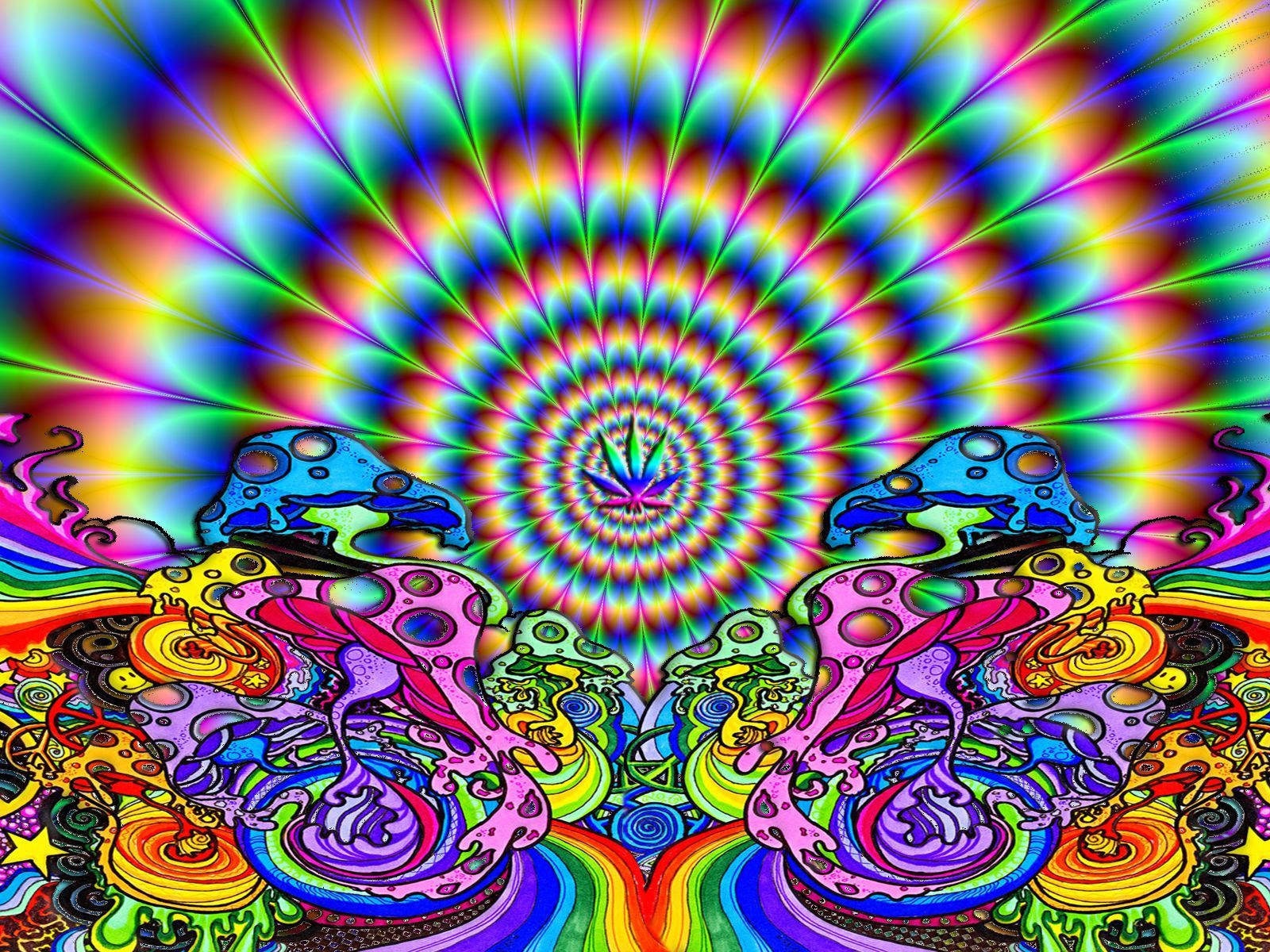 psychedelic art 桌布 壁紙 — 充滿活力的迷幻蘑菇在萬花筒般的彩虹漩渦下散發光芒，呈現超現實的數位夢境。