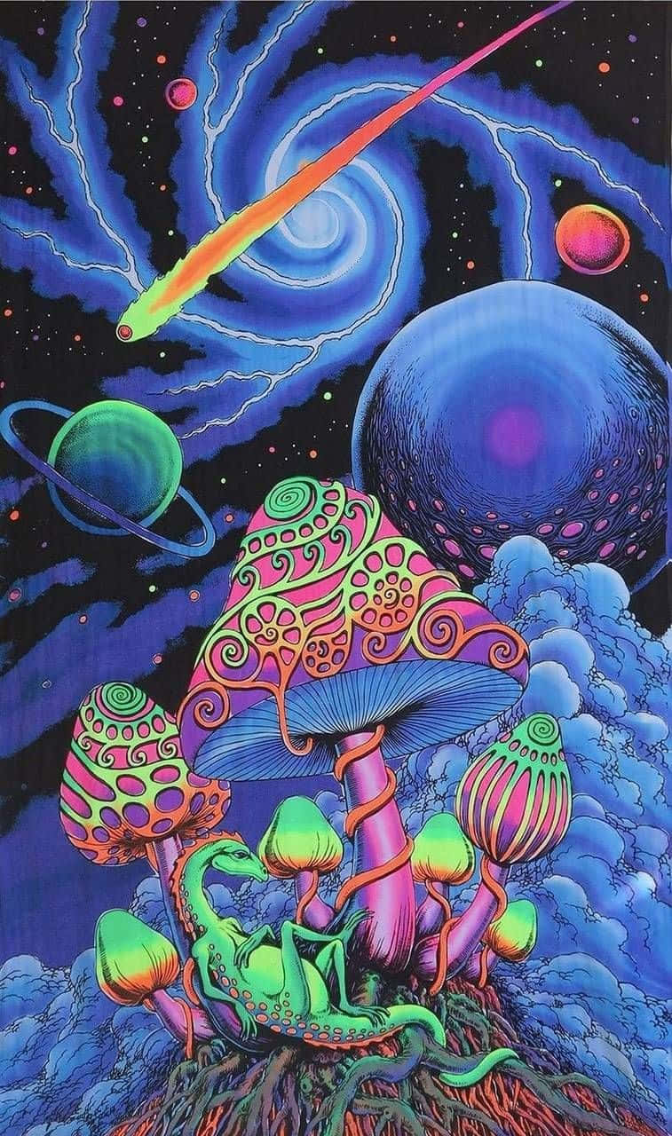 Mushroom Phone 桌布 壁紙 — 充滿活力的迷幻蘑菇在霓虹星空下，於宇宙行星和旋轉星系之間生長。