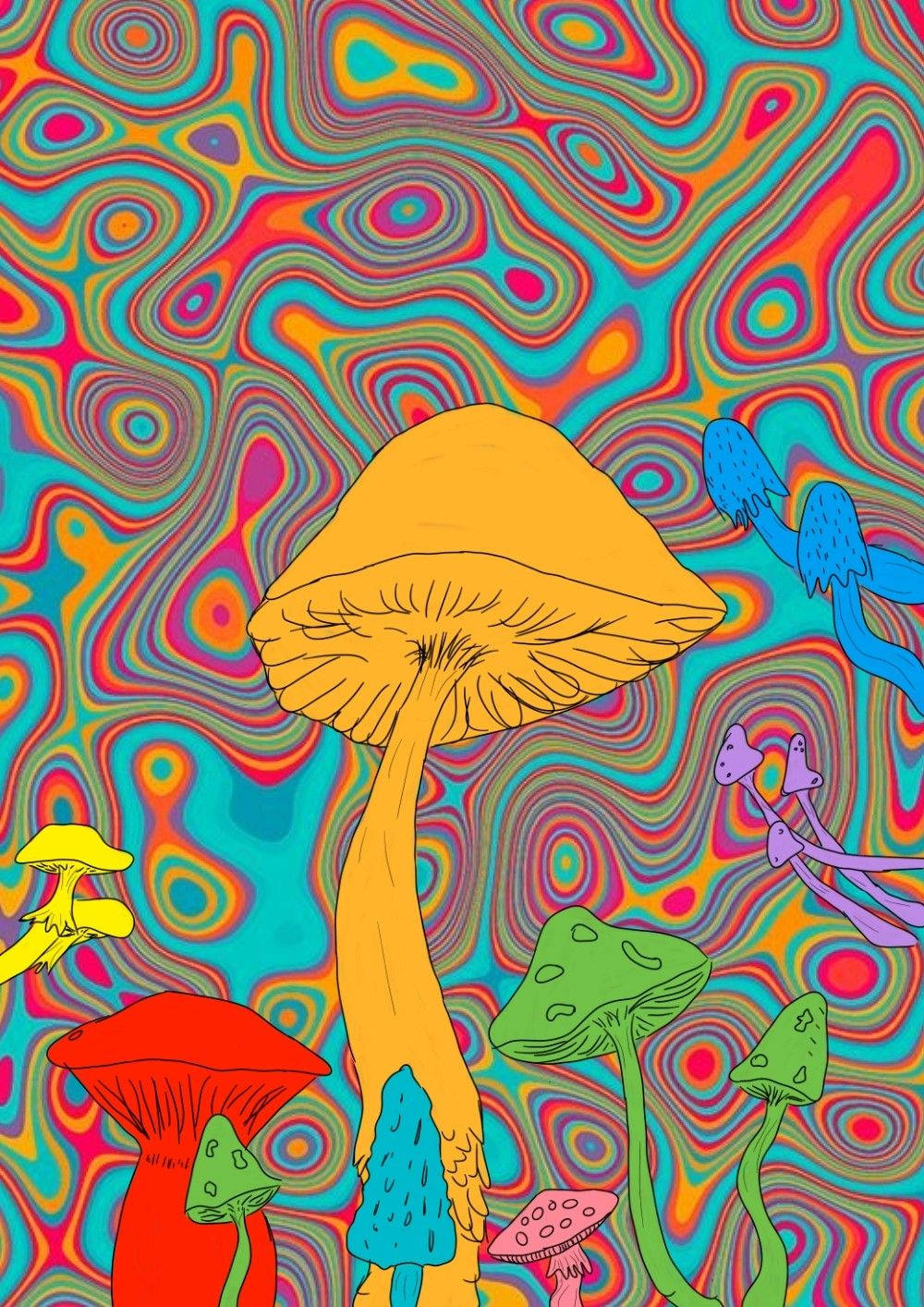 Retro 桌布 壁紙 — 充滿活力的迷幻蘑菇從催眠圖案的旋轉彩虹漩渦中升起。