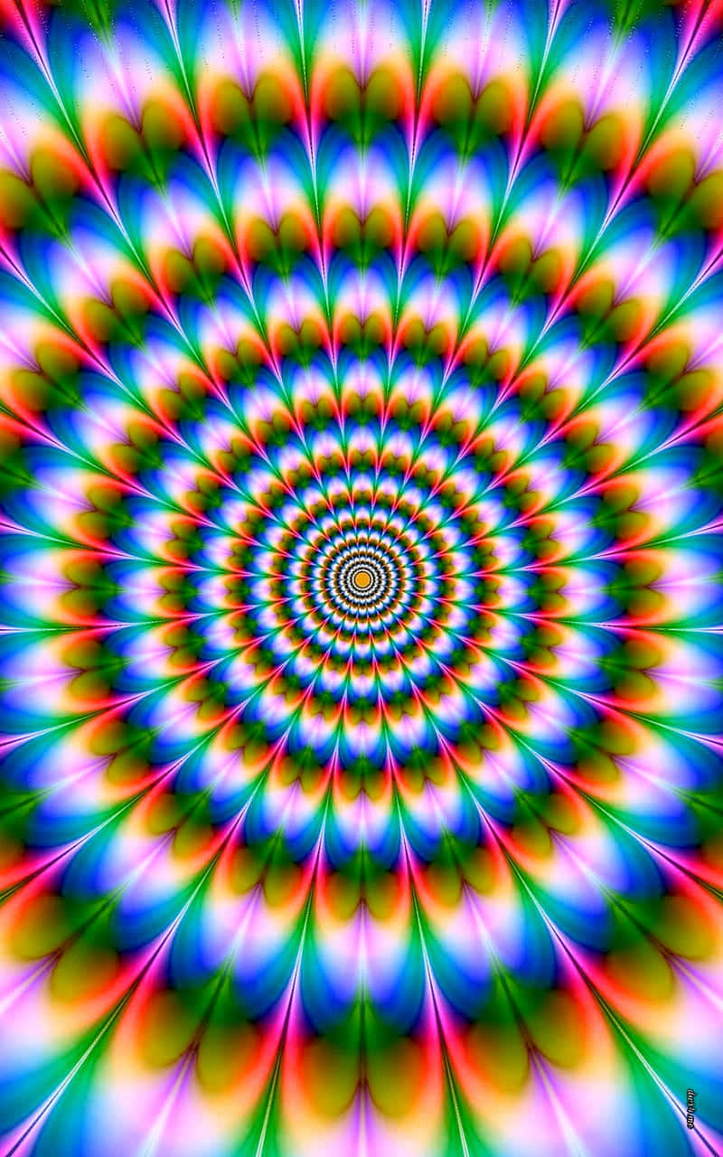 Magic Eye 桌布 壁紙 — 充滿活力的迷幻螺旋向外輻射，重複多彩的羽毛狀圖案，營造出催眠的隧道效果。
