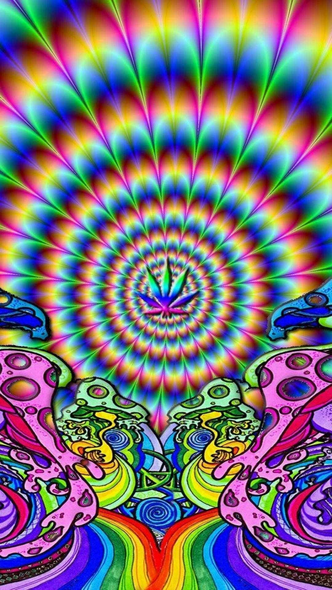 迷幻美學 桌布 壁紙 — 充滿活力的迷幻螺旋從中央的大麻葉放射出來，周圍環繞著超現實的彩色有機形態。