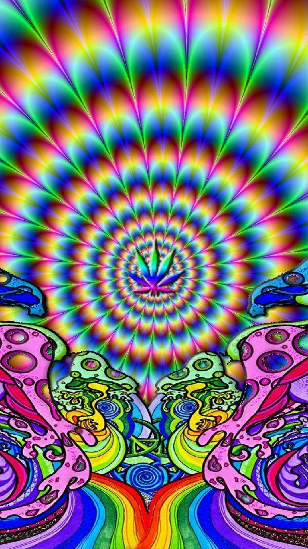 抽象 桌布 壁紙 — 充滿活力的迷幻螺旋從中央的大麻葉放射出來，周圍環繞著超現實色彩繽紛的有機形態。