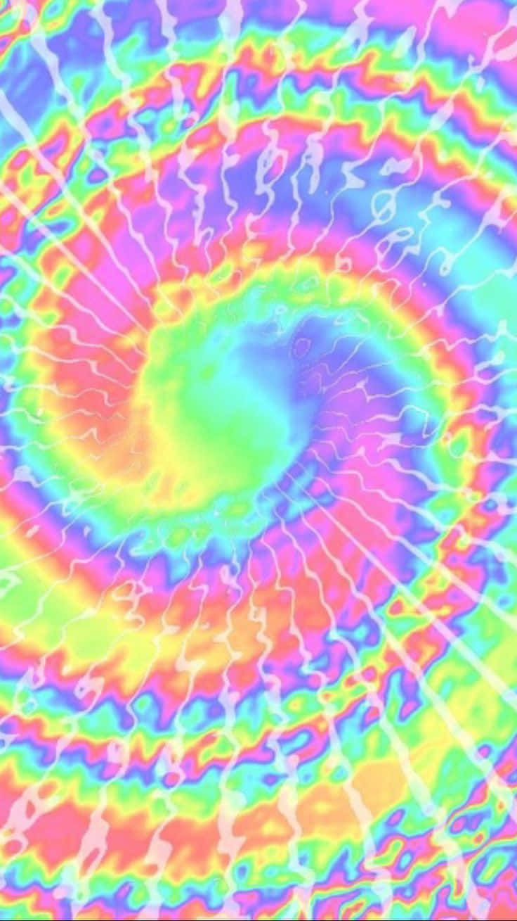 Pastel Tie Dye 桌布 壁紙 — 充滿活力的迷幻螺旋從中心向外輻射，帶有霓虹彩虹色調和波浪狀白色線條。