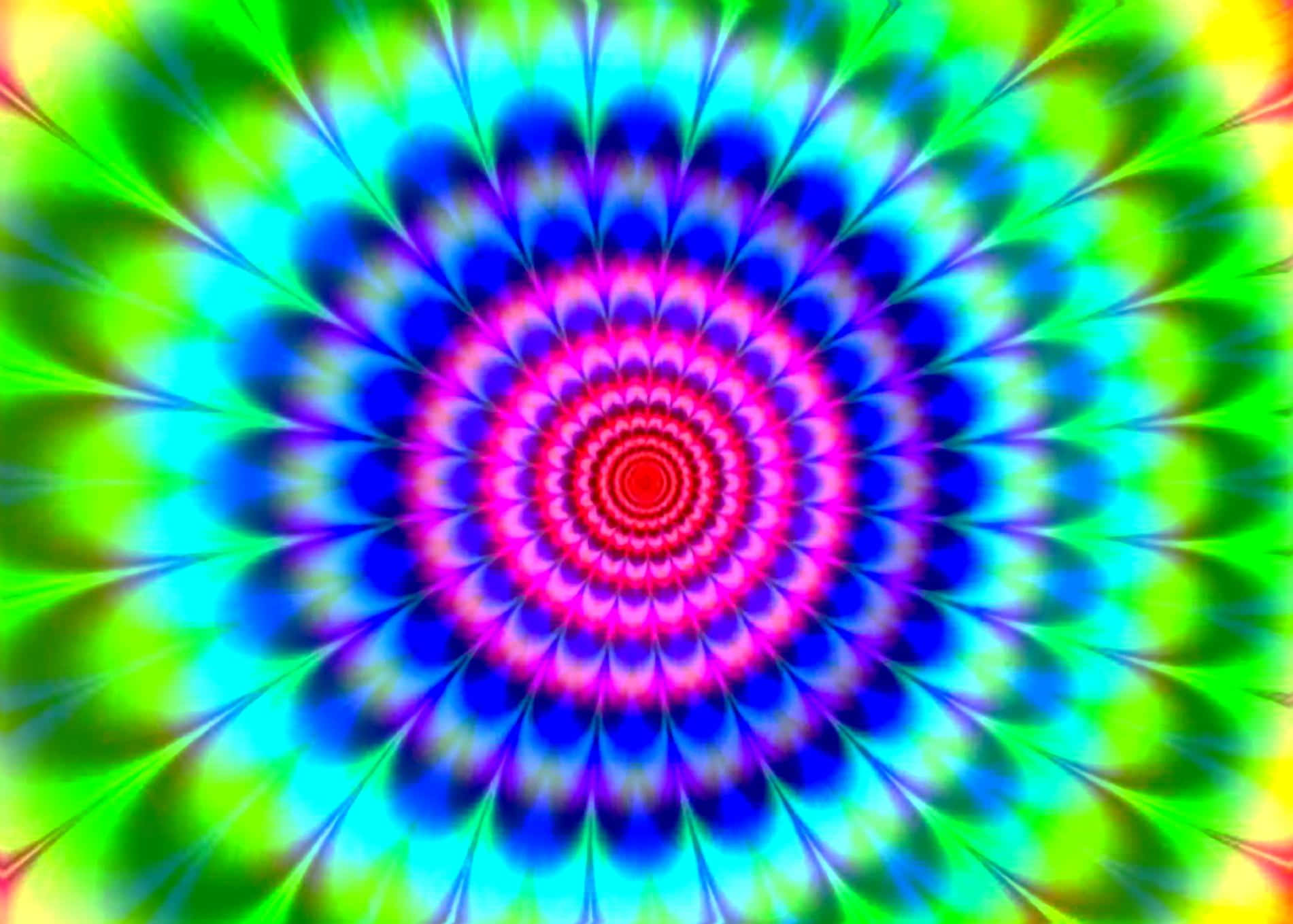 彩色動圖 桌布 壁紙 — 充滿活力的迷幻螺旋從發光的紅色中心輻射出來，帶有電光藍、粉紅和綠色的同心環。