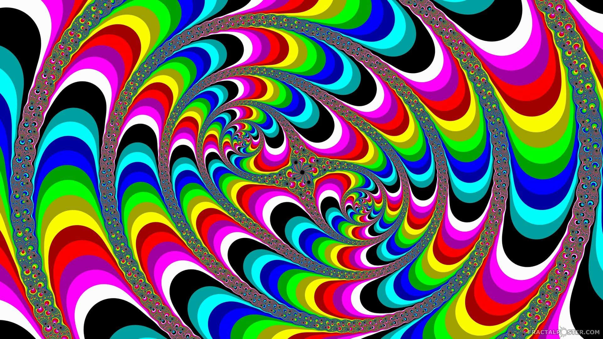 Tripping 桌布 壁紙 — 充滿活力的迷幻螺旋碎形，帶有彩虹色調和黑白條紋，營造出催眠隧道效果。