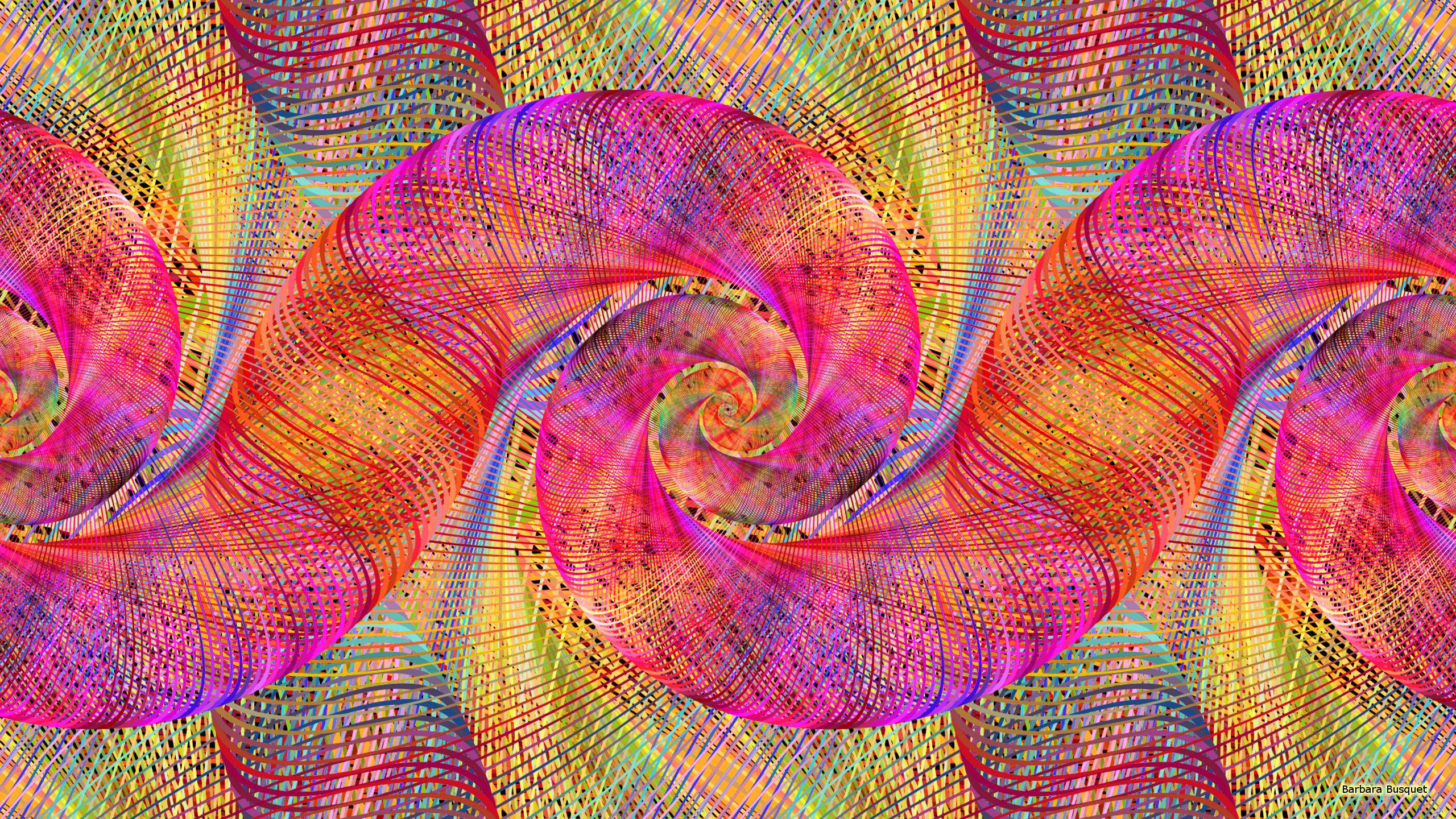 Spiral 桌布 壁紙 — 充滿活力的迷幻螺旋與編織紋理在耀眼的粉紅、橙色和黃色中旋轉，創造出迷人的數位圖案。