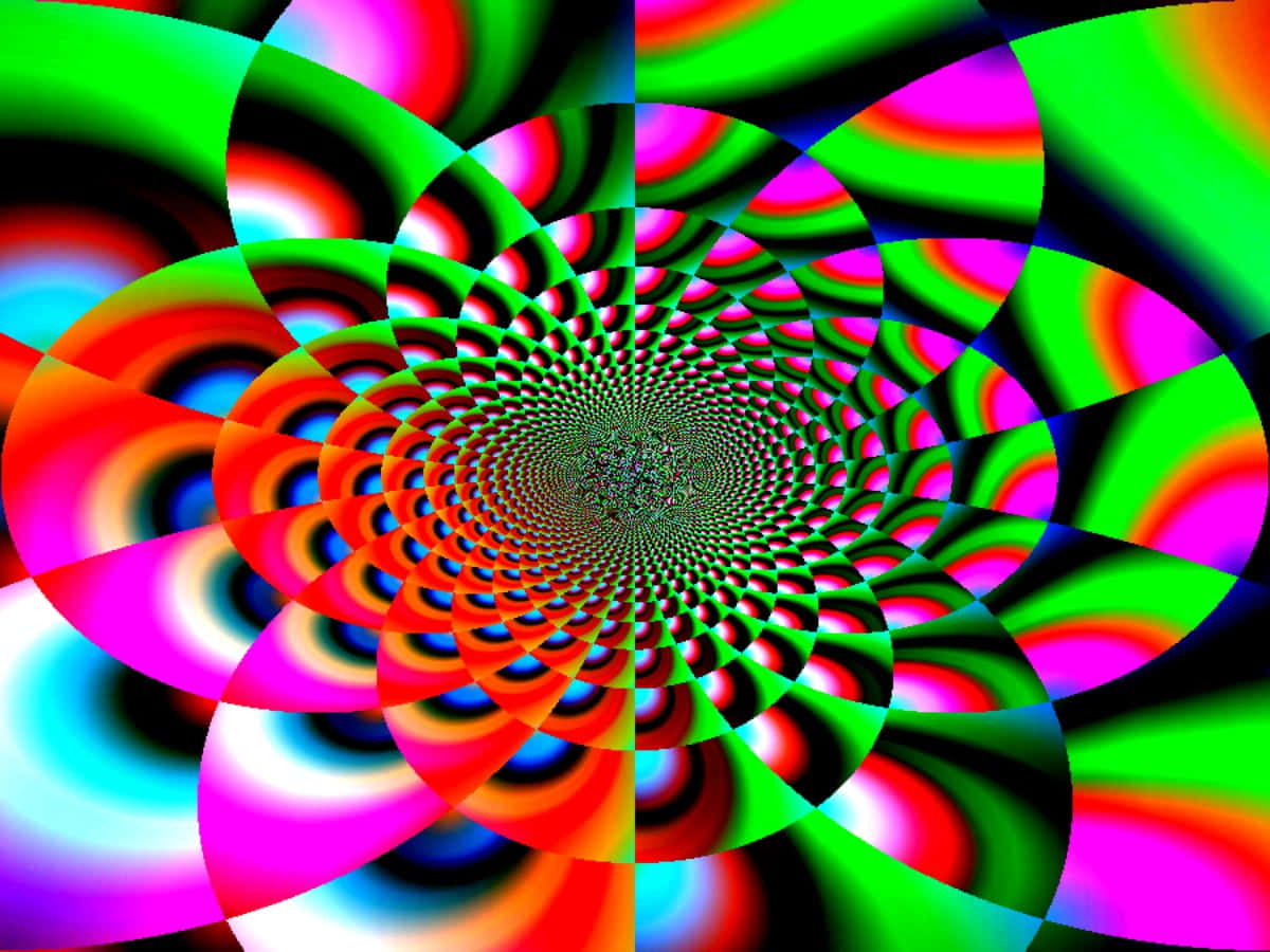 Psychedelic Neon Lights 桌布 壁紙 — 充滿活力的迷幻螺旋隧道，帶有霓虹色彩和催眠幾何圖案，匯聚於消失點。
