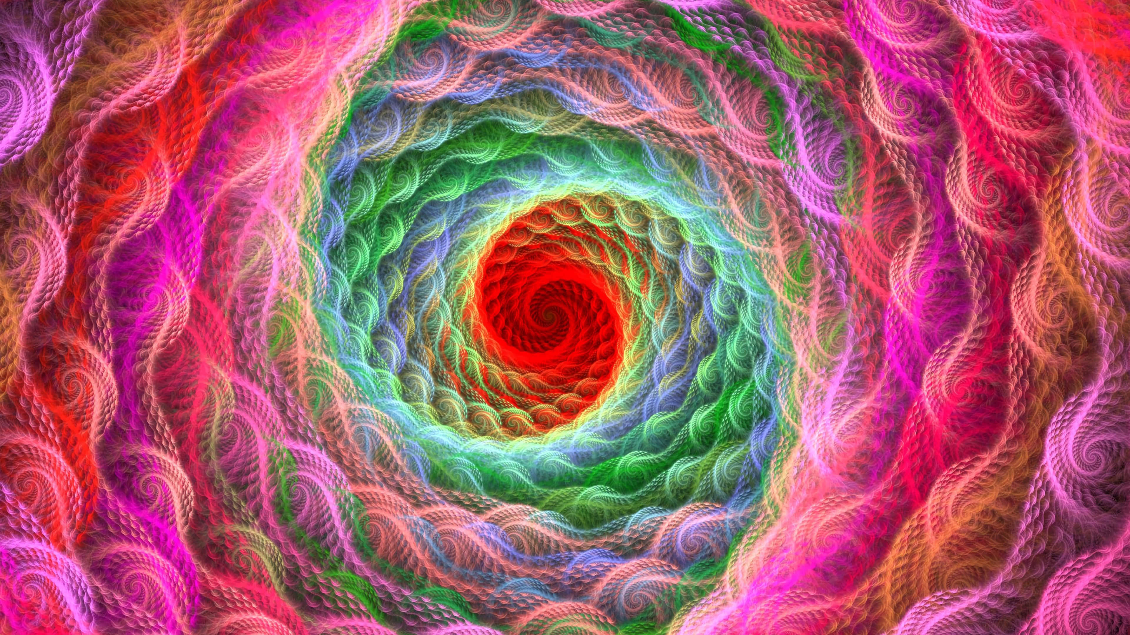 Bright Color 桌布 壁紙 — 充滿活力的迷幻螺旋隧道，帶有霓虹紅、綠和粉紅色調的漩渦分形圖案。