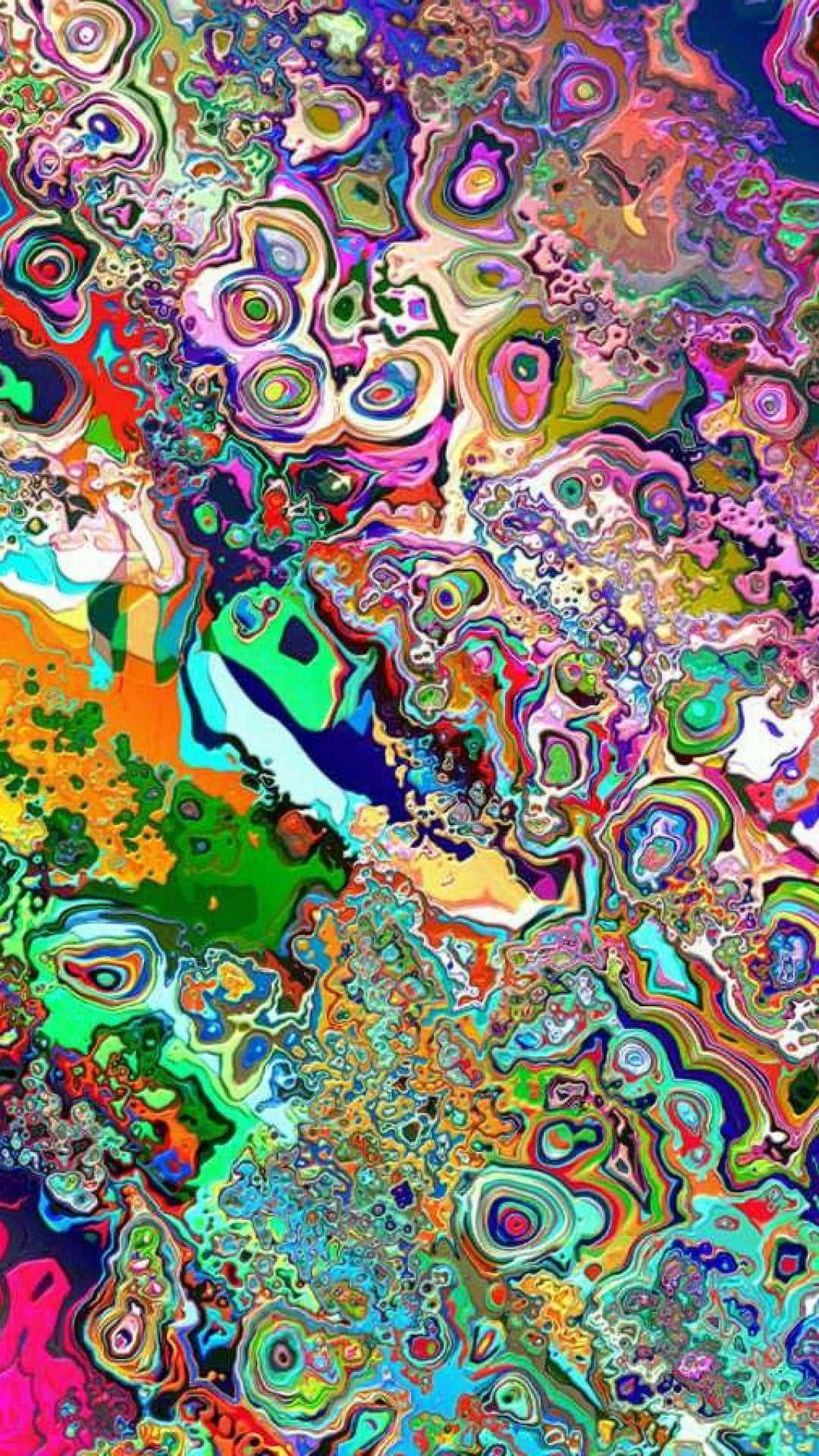 迷幻美學 桌布 壁紙 — 充滿活力的迷幻霓虹色彩漩渦在整個畫面中形成有機、流動的圖案。