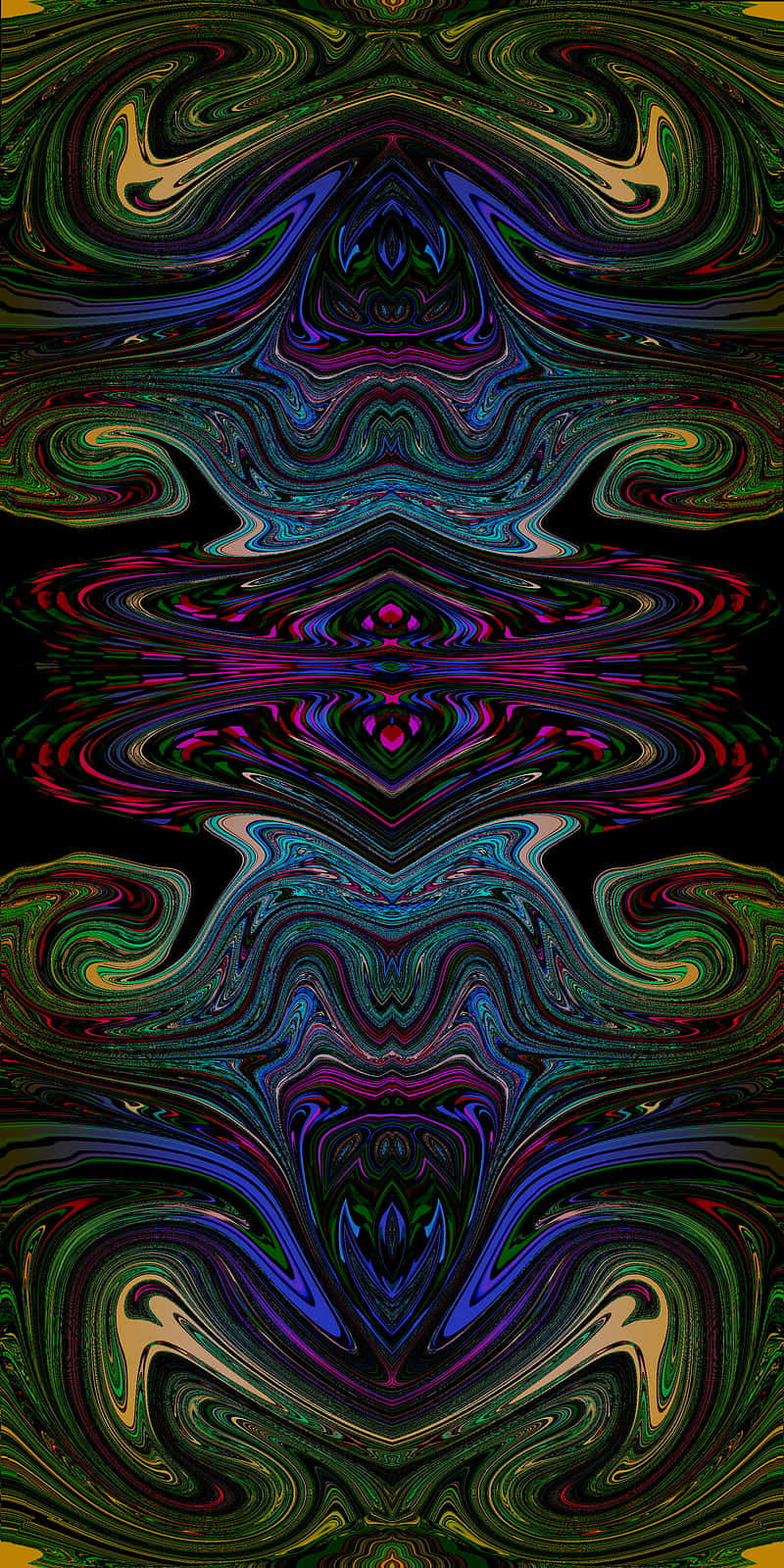 Dark Psychedelic HD 桌布 壁紙 — 充滿活力的迷幻霓虹色彩漩渦在黑色背景上對稱流動，形成迷人的碎形圖案。