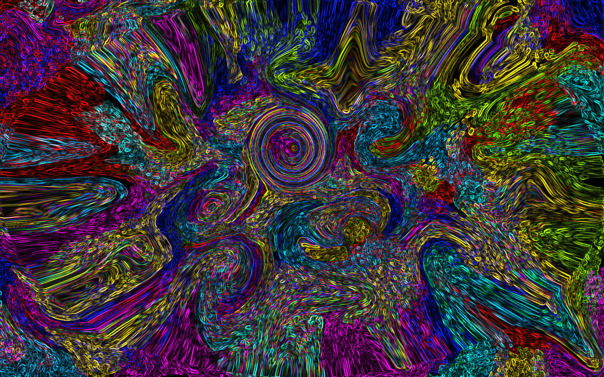 Psychedelic 3d Art 桌布 壁紙 — 充滿活力的迷幻霓虹色彩漩渦形成混亂的有機圖案，中心有發光的同心圓。