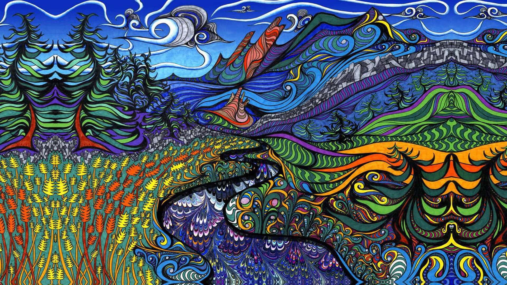Tripping 桌布 壁紙 — 充滿活力的迷幻風景，以複雜多彩的圖案呈現旋轉的山脈、森林和田野。
