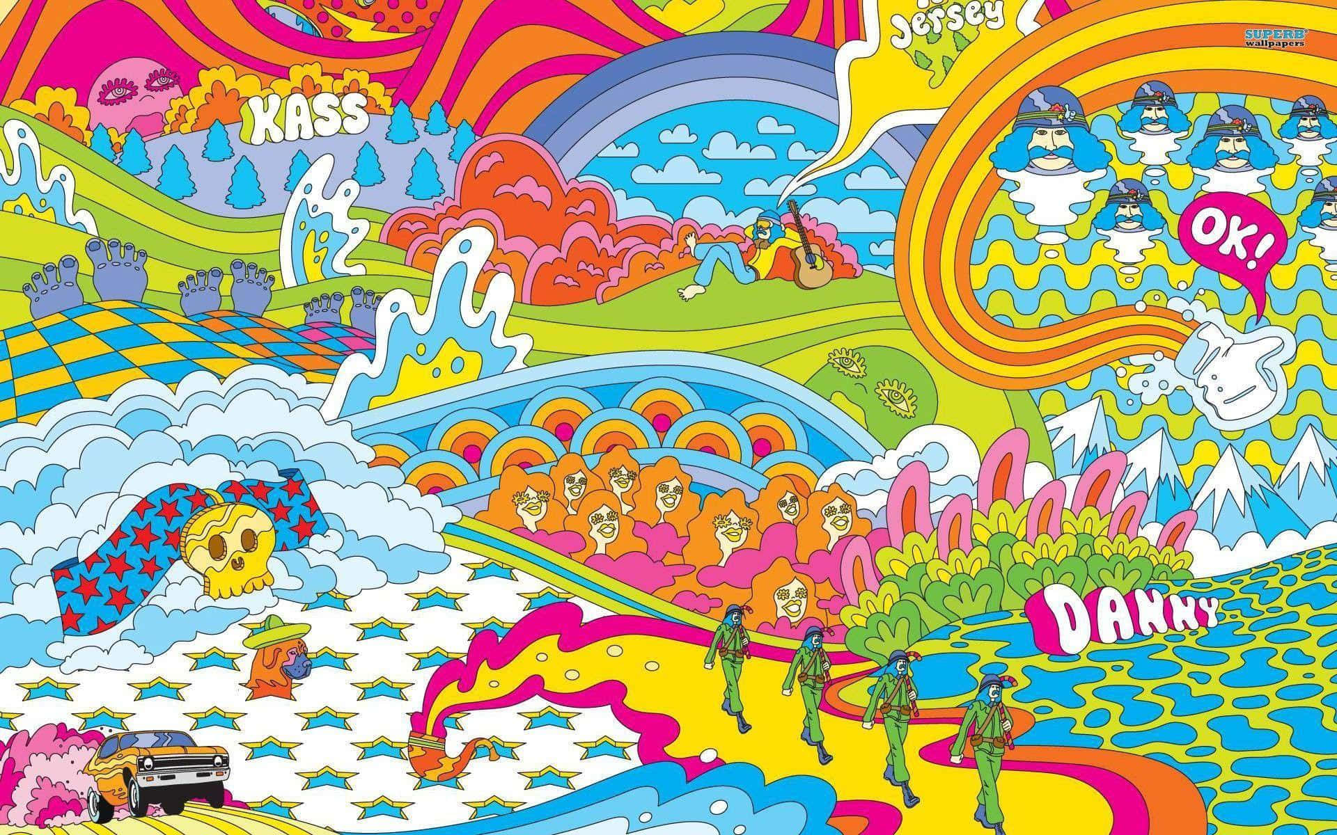 60s 桌布 壁紙 — 充滿活力的迷幻風景，彩虹山丘、卡通士兵和漂浮的臉孔，色彩大膽飽和。