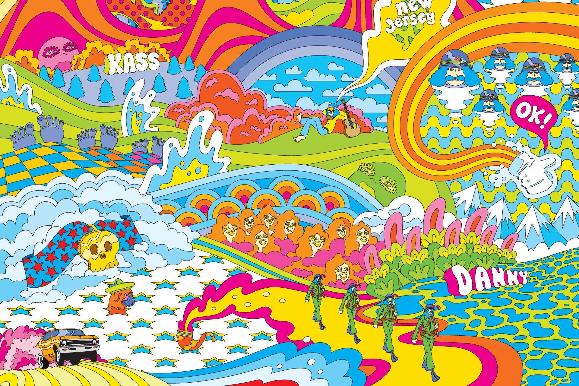 Hippie 桌布 壁紙 — 充滿活力的迷幻風景，彩虹山丘、卡通士兵和浮動文字，色彩大膽飽和。