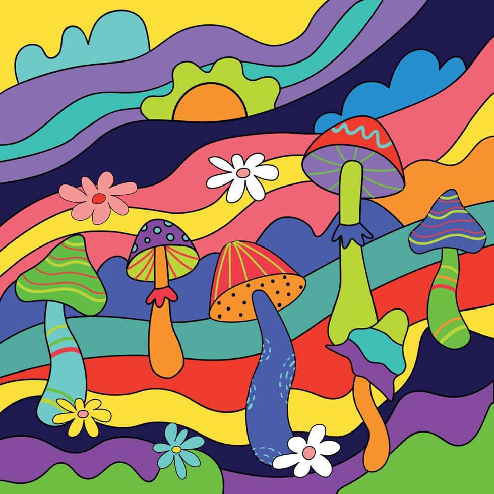 Trippy Mushrooms 桌布 壁紙 — 充滿活力的迷幻風景，彩虹波浪山丘、色彩繽紛的蘑菇和花朵，在風格化的太陽下。