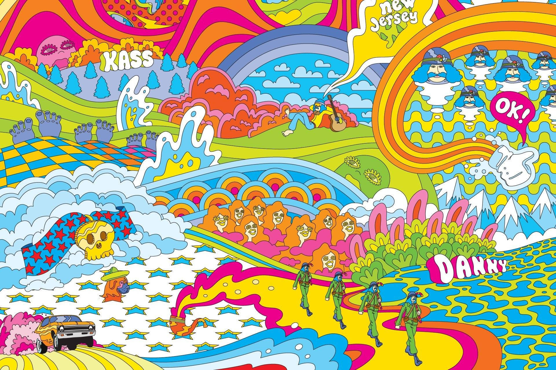 Hippie Aesthetic 桌布 壁紙 — 充滿活力的迷幻風景，有彩虹山丘、卡通士兵和大膽色彩的超現實元素。