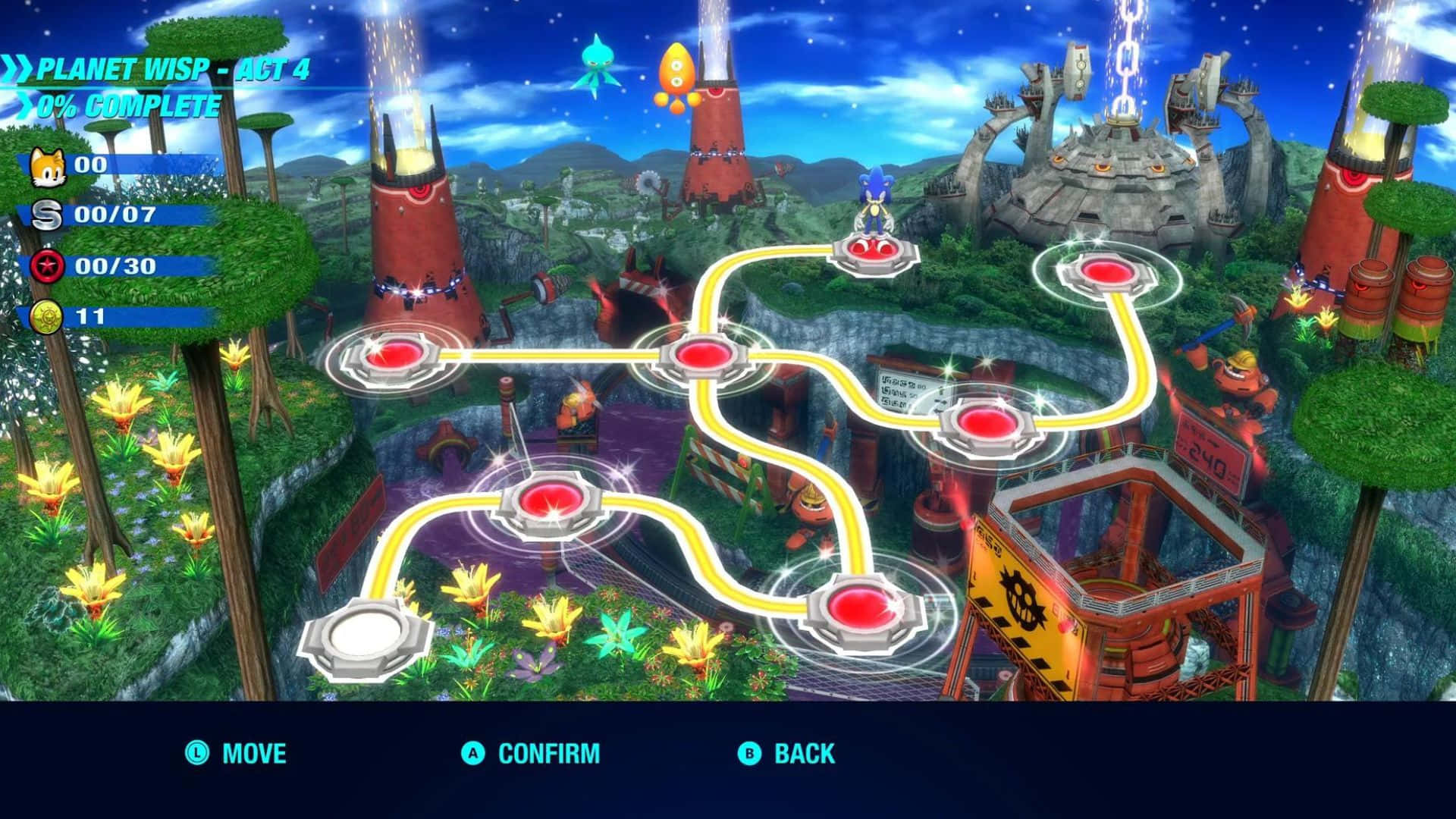 Sonic Planet Wisp 桌布 壁紙 — 充滿活力的遊戲地圖，展示星球威斯普第4幕，發光的黃色路徑蜿蜒穿過茂密的綠色山丘和紅色塔樓，背景是星空。