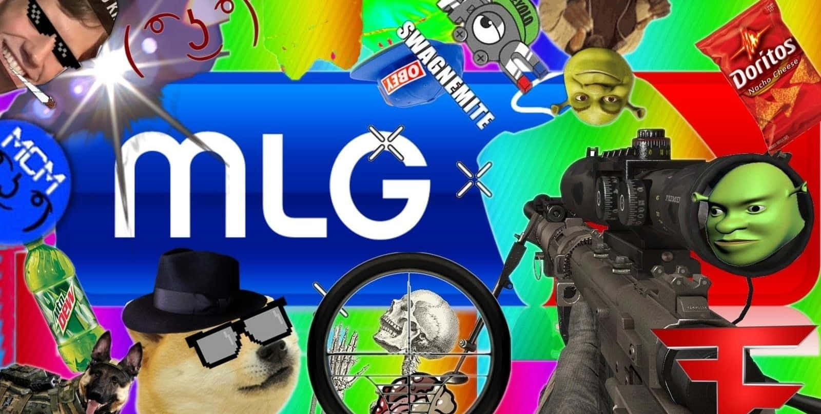 Mlg 桌布 壁紙 — 充滿活力的遊戲文化圖標拼貼畫，包括史瑞克、Doge、MLG 標誌和 Doritos，背景為迷幻風格。