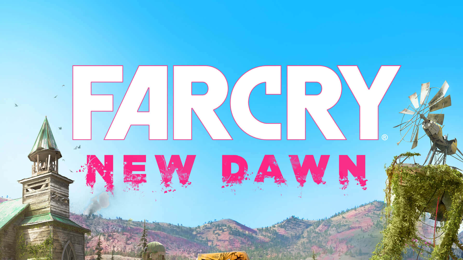 Game Art 桌布 壁紙 — 充滿活力的遊戲標題 Far Cry New Dawn 主宰著陽光明媚的荒地，教堂尖塔和雜草叢生的風車映襯著紫色的山脈。