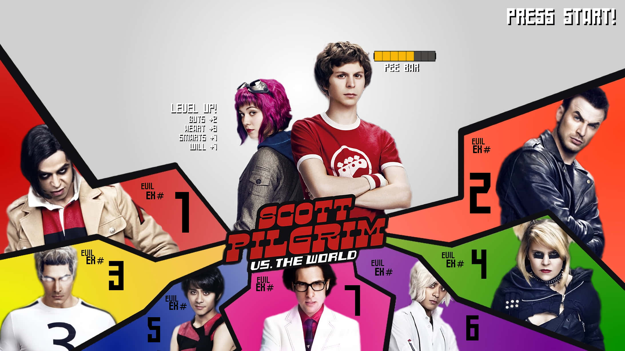 scott pilgrim 桌布 壁紙 — 充滿活力的遊戲風格海報，以彩色幾何區塊呈現Scott Pilgrim和他的七個邪惡前任。