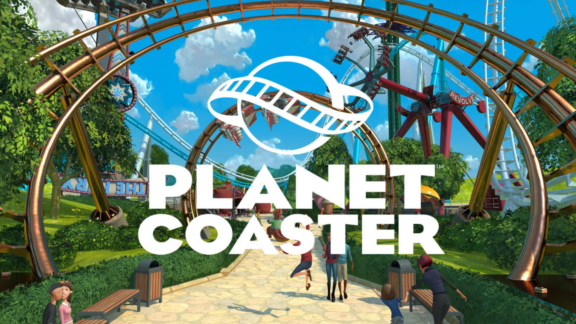Roller Coaster 桌布 壁紙 — 充滿活力的遊樂園入口，高聳的雲霄飛車和遊客在金色拱門下行走。