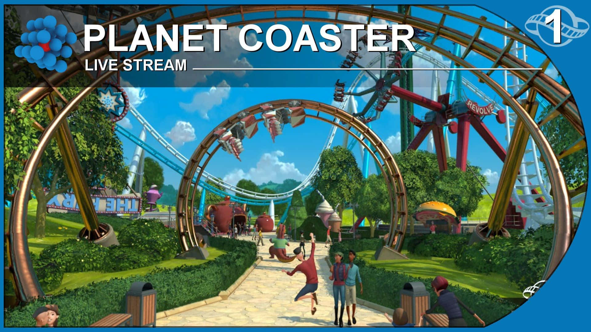 Roller Coaster 桌布 壁紙 — 充滿活力的遊樂園場景，雲霄飛車在茂密綠意中蜿蜒穿梭，上方是明亮的藍天。