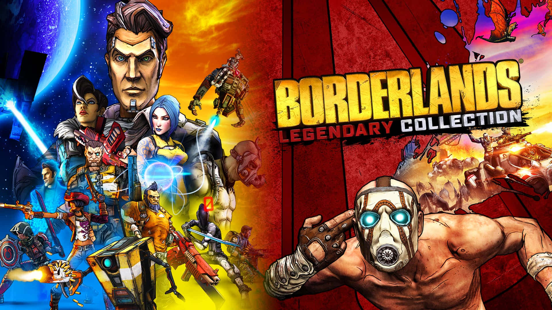 Borderlands 桌布 壁紙 — 充滿活力的邊緣禁地遊戲海報，展示多個持槍角色，背景為宇宙和火焰。
