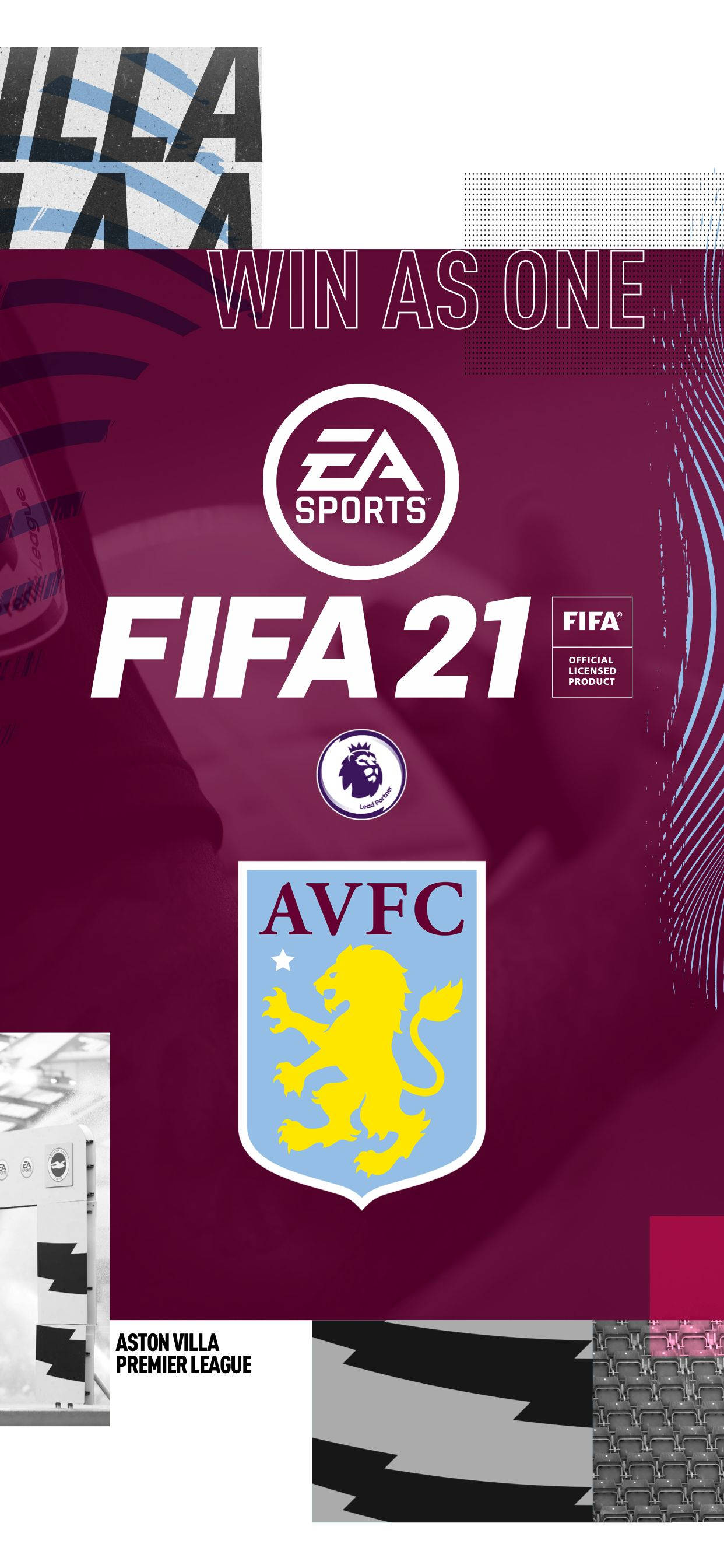Villa 桌布 壁紙 — 充滿活力的酒紅色壁紙，帶有EA Sports FIFA 21標誌和阿斯頓維拉足球俱樂部徽章，配以粗體字體和幾何圖案。