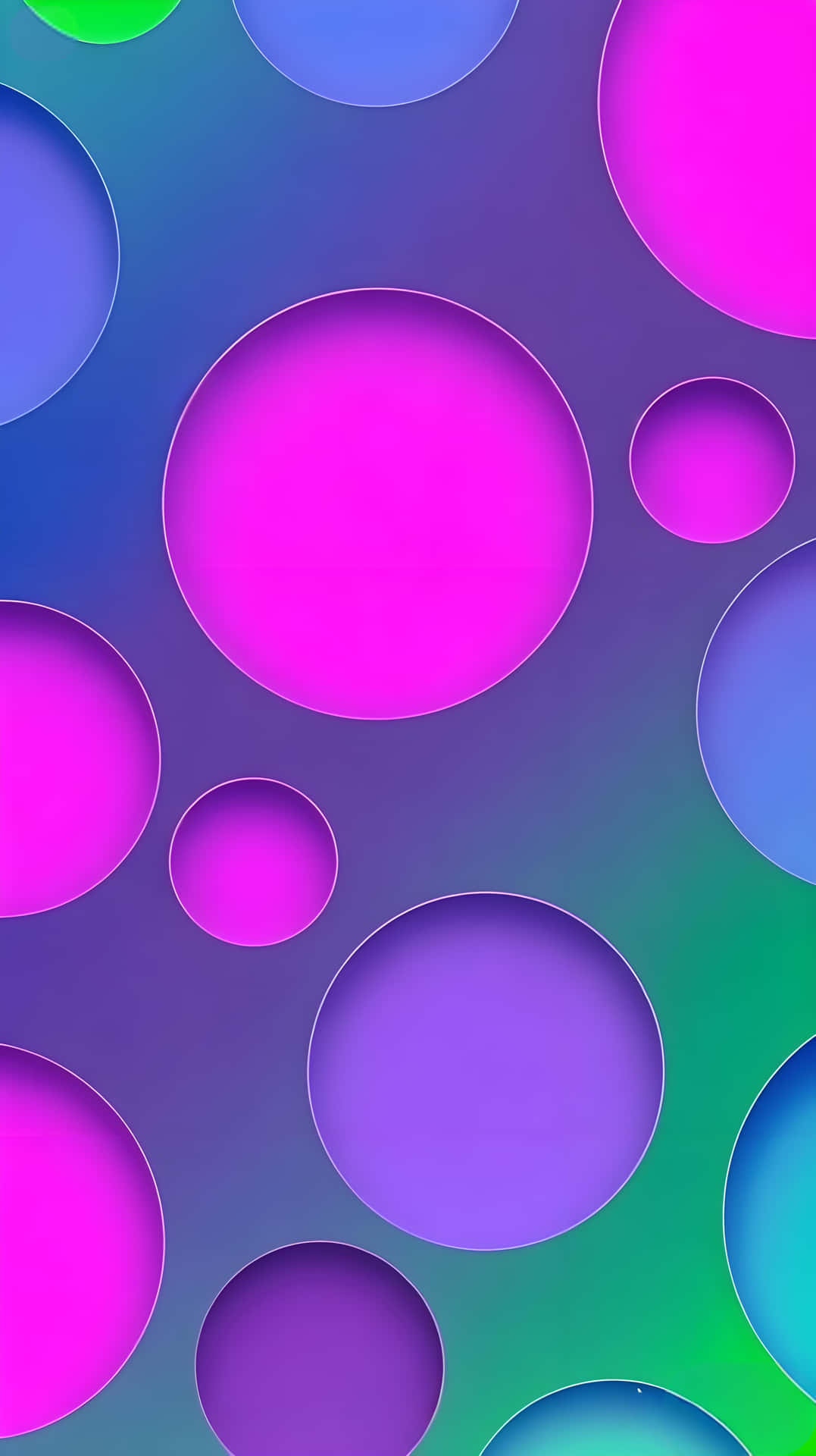 Colorful Circle Rhythm: Gradient Geometric Creative Wallpaper 壁紙 — 充滿活力的重疊圓圈，以洋紅色、藍色和綠色浮現在漸變背景上。