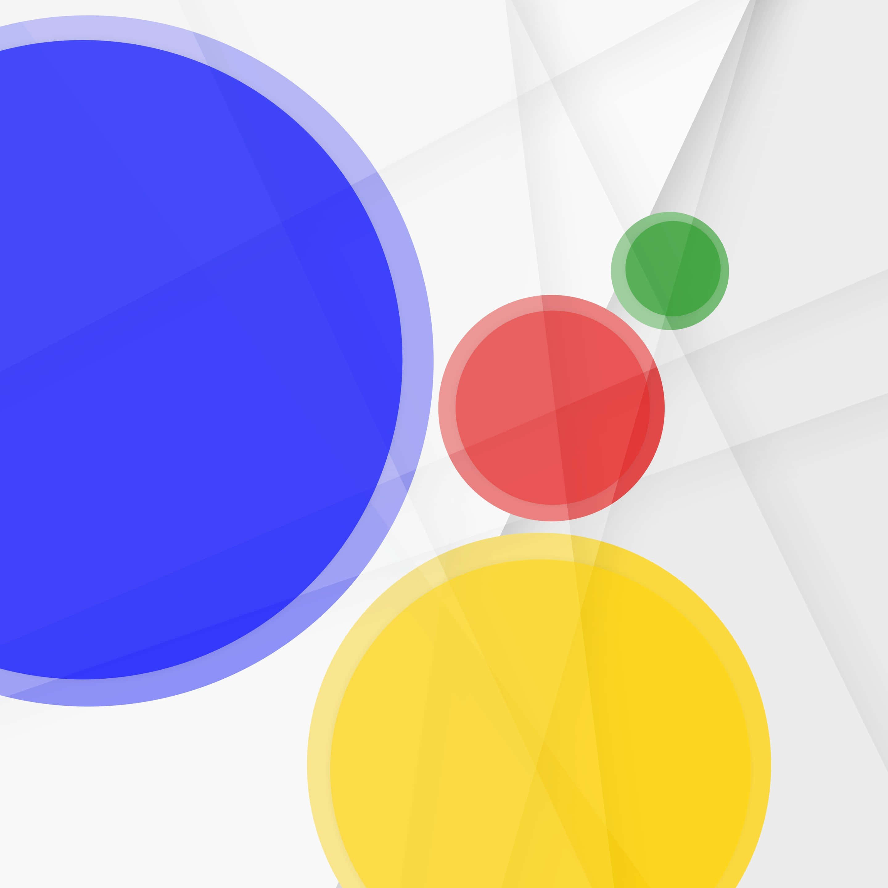 Material Design 桌布 壁紙 — 充滿活力的重疊圓圈，藍色、紅色、黃色和綠色，漂浮在淺灰色幾何背景上。