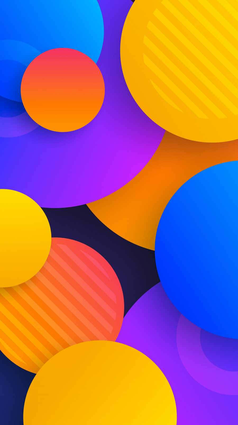 Colorful iPhone 桌布 壁紙 — 充滿活力的重疊圓形，採用大膽的藍色、紫色、黃色和橙色色調，營造出動態的抽象構圖。