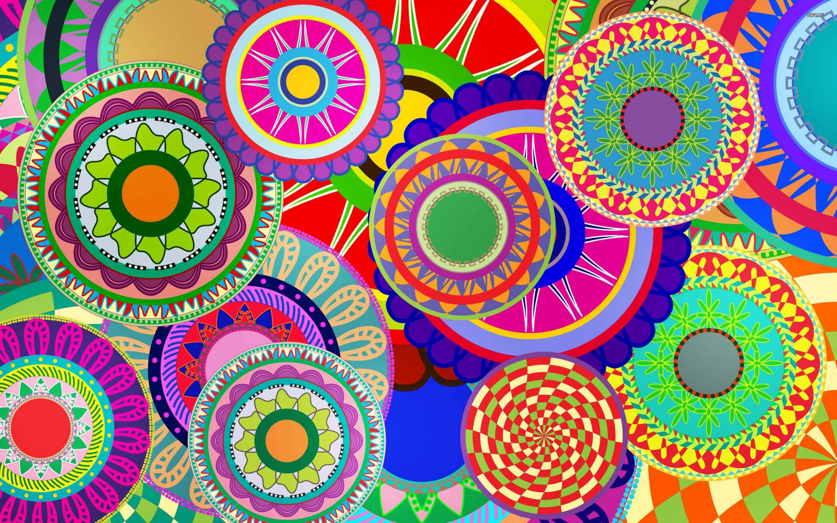 Colourful 桌布 壁紙 — 充滿活力的重疊圓形圖案，帶有鮮豔彩虹色調的複雜幾何設計。